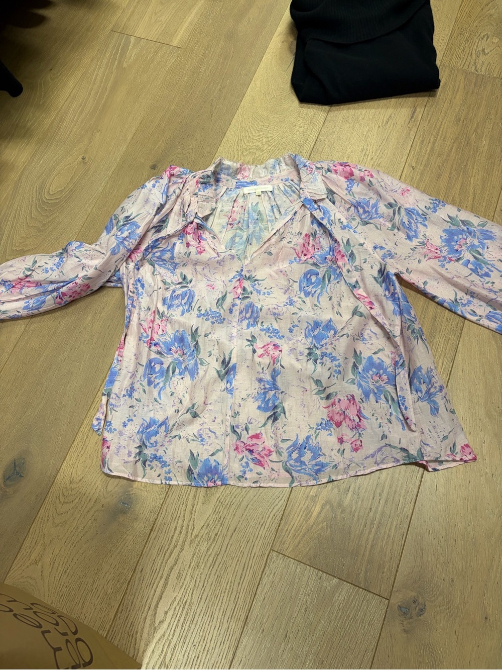 LoveShackFancy Pink Floral V-Neck Blouse with Blue Accents